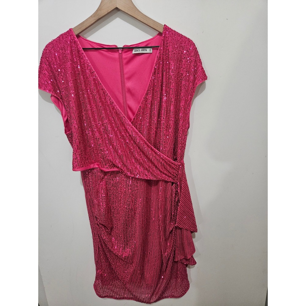 Grace Karin Hot Pink Sequin Wrap V-Neck Ruffle Cocktail Dress 2XL Plus Size
